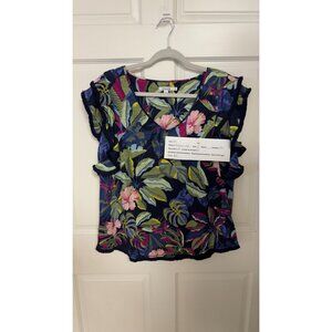 Chico’s Tropical Print Ruffle Sleeve Top Size 2 Navy Floral Blouse
